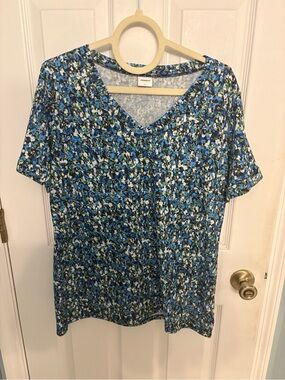 XIEERDUO Blue Green Floral V-Neck Short Sleeve Top – Size Large